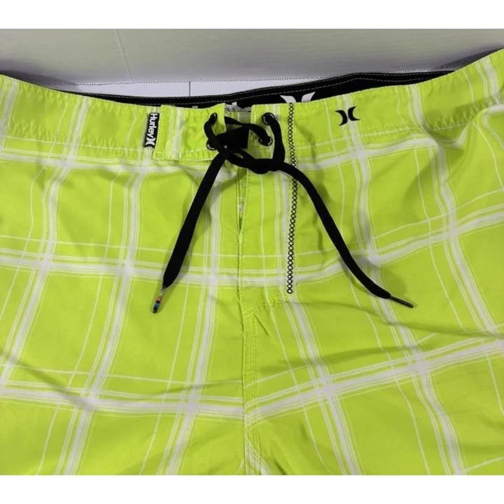 Hurley Board Shorts Mens 38 Neon Green Plaid Surf Swim Y2K Beach Skater Surfcore
